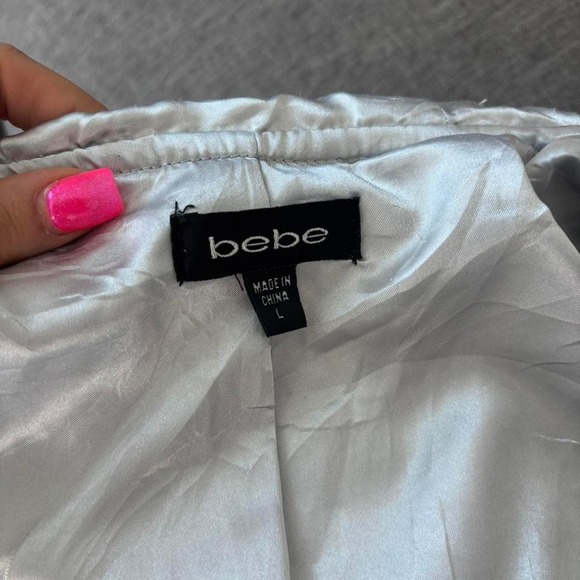 RARE Bebe Silver Metallic Puffer Jacket Rabbit Fur Trim Hood Large - Picture 2 of 8